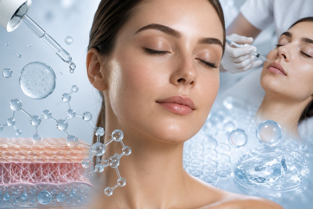 Kobieta z zamkniętymi oczami, twarz z nawilżoną skórą, zabiegi dermatologiczne, pipeta, molekuły, kropelki wody i serum na różowym teksturowanym tle.